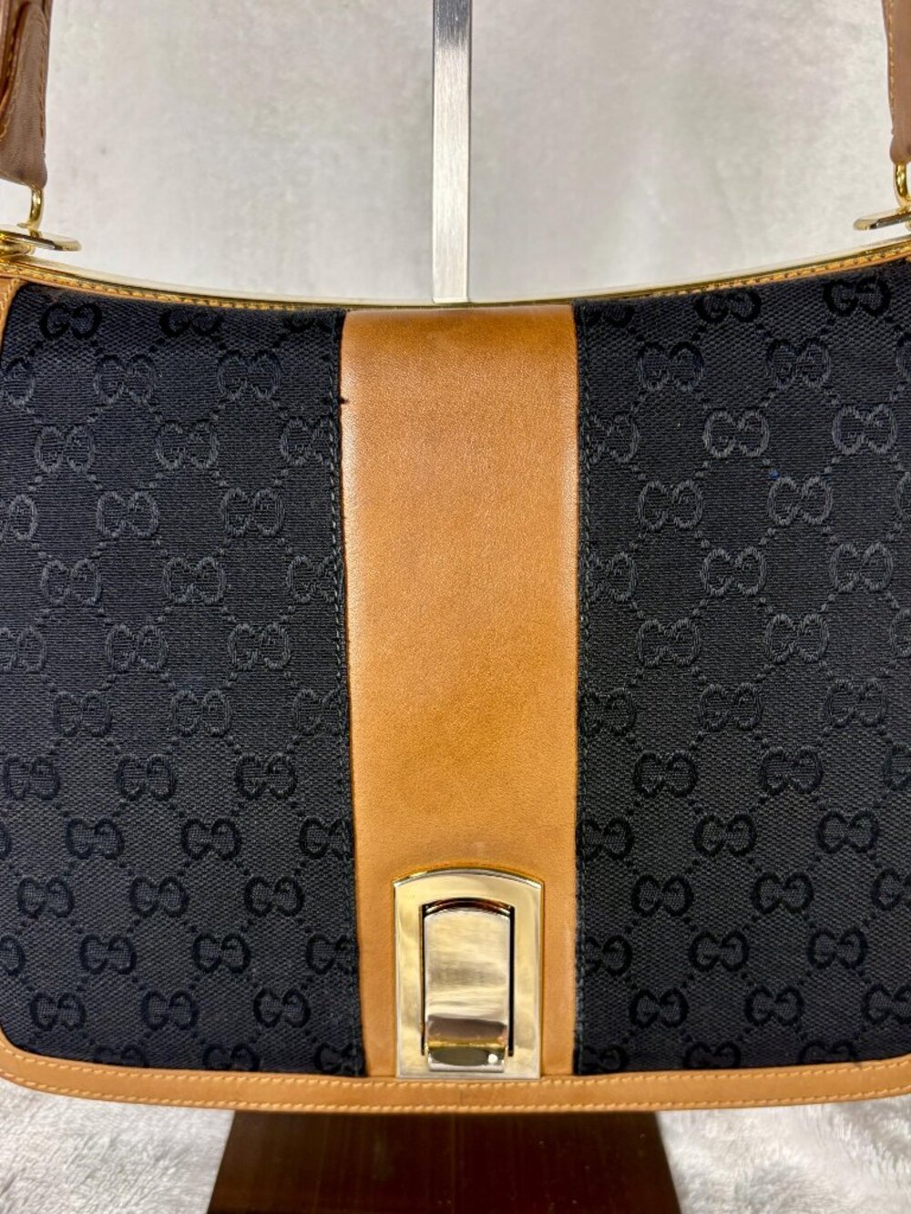 Vintage Gucci GG Monogram Canvas and Leather Shoulder Bag in Navy